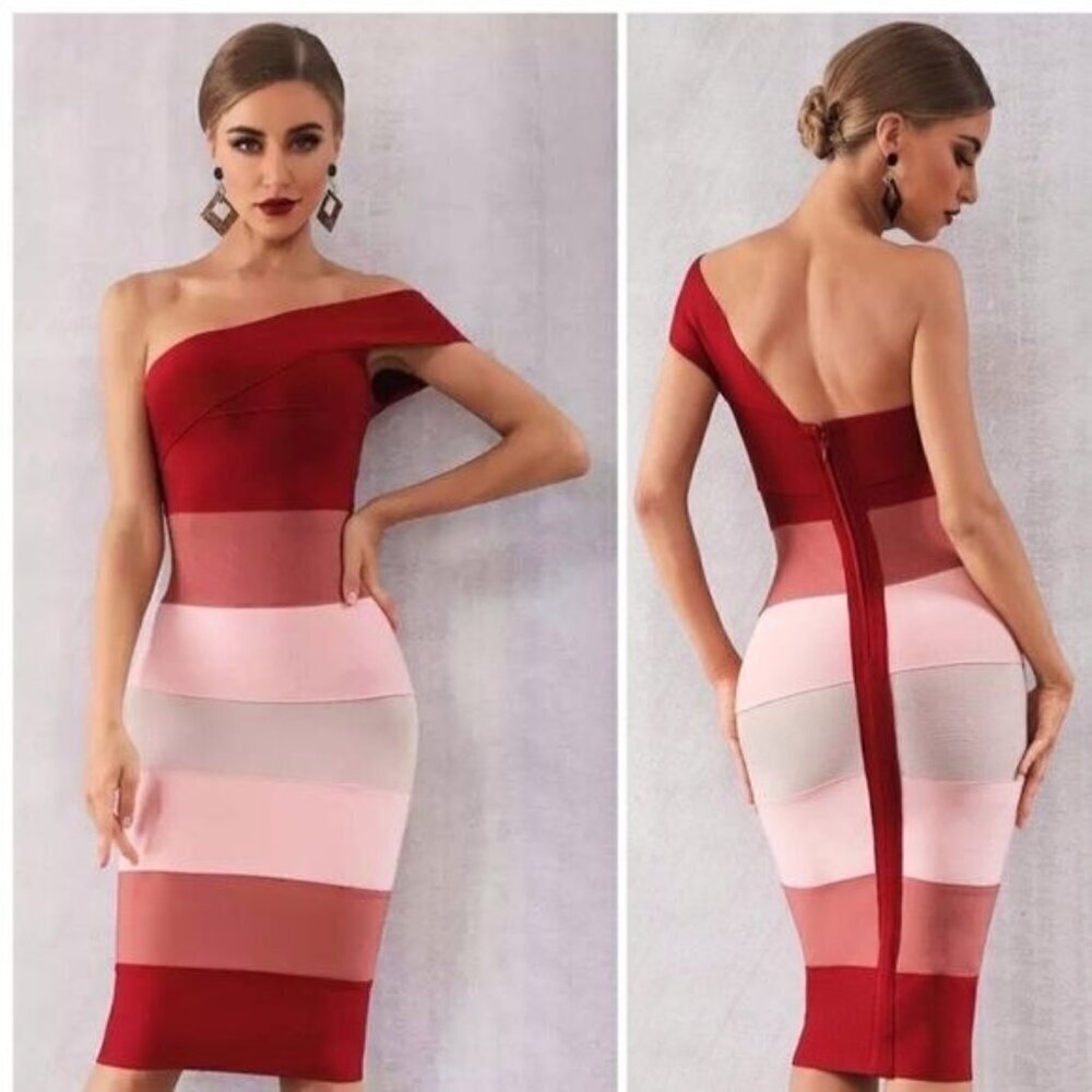Burgundy Blush Pink Colorblock One Shoulder Bandage Bodycon Cocktail Dress M